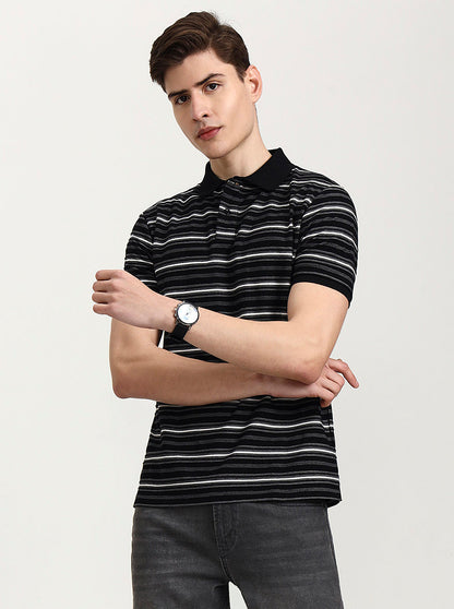 Black & White Striped Slim Fit Polo T-Shirt | Greenfibre