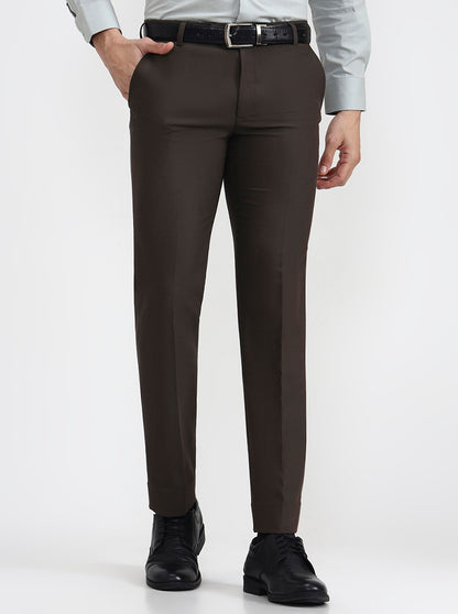 Dark Olive Brown Solid Slim Fit Formal Trouser | Metal