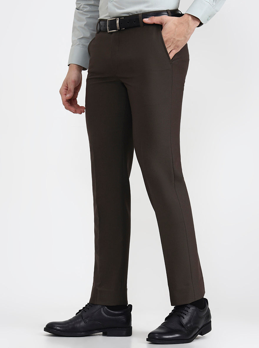 Dark Olive Brown Solid Slim Fit Formal Trouser | Metal