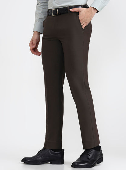 Dark Olive Brown Solid Slim Fit Formal Trouser | Metal