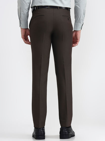 Dark Olive Brown Solid Slim Fit Formal Trouser | Metal