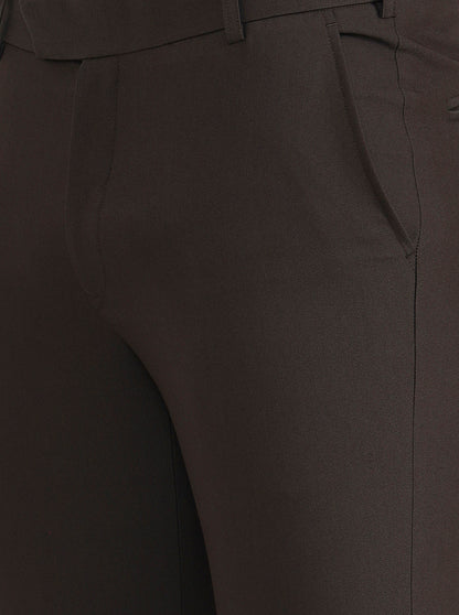 Dark Olive Brown Solid Slim Fit Formal Trouser | Metal