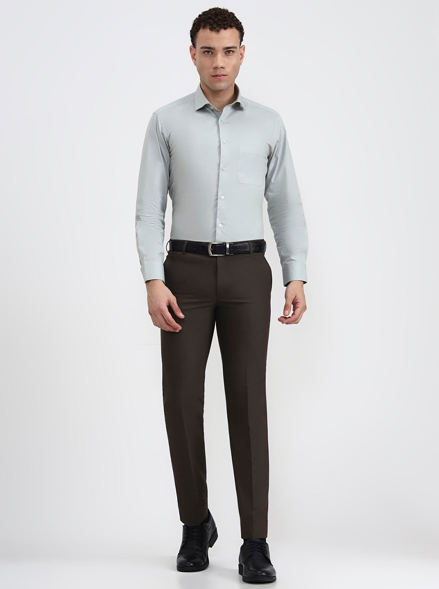 Dark Olive Brown Solid Slim Fit Formal Trouser | Metal