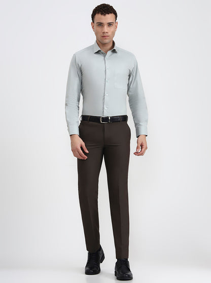 Dark Olive Brown Solid Slim Fit Formal Trouser | Metal