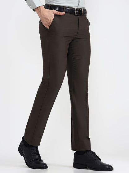 Dark Olive Brown Solid Slim Fit Formal Trouser | Metal
