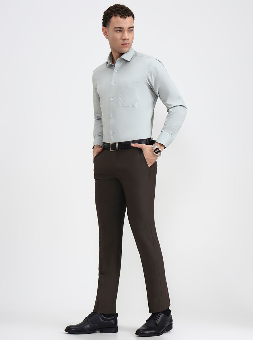 Dark Olive Brown Solid Slim Fit Formal Trouser | Metal