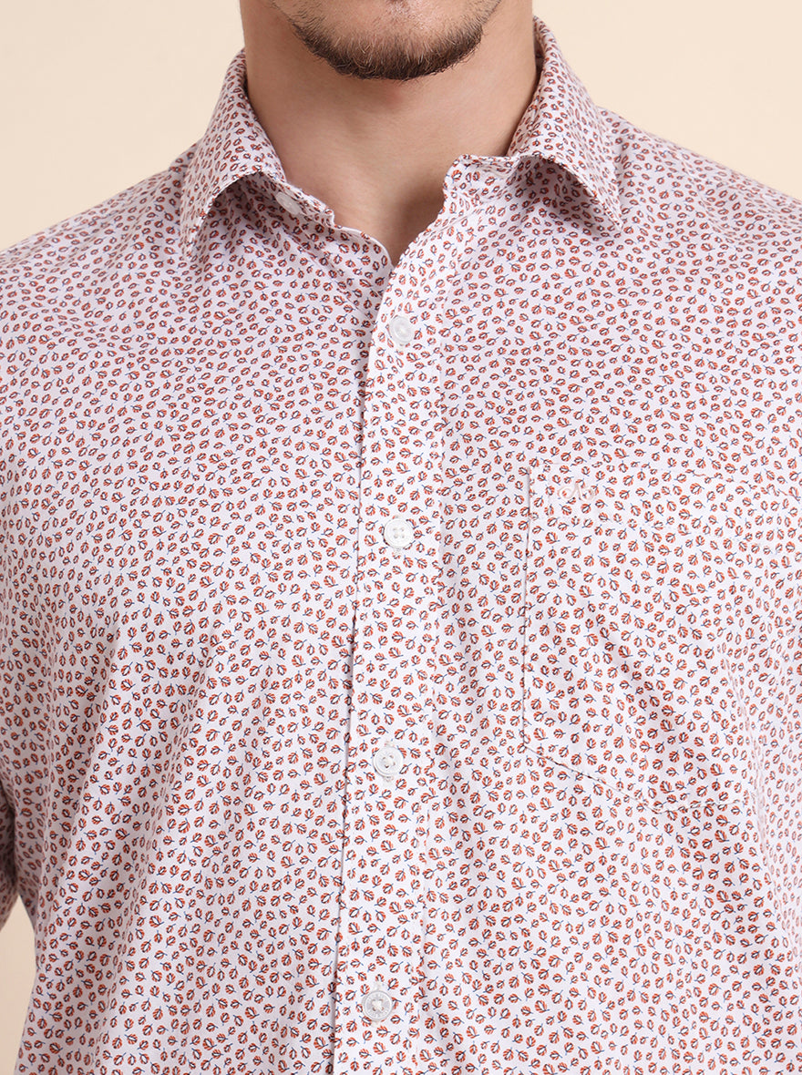 Orange & White Printed Tailored Fit Semi Casual Shirt | JadeBlue