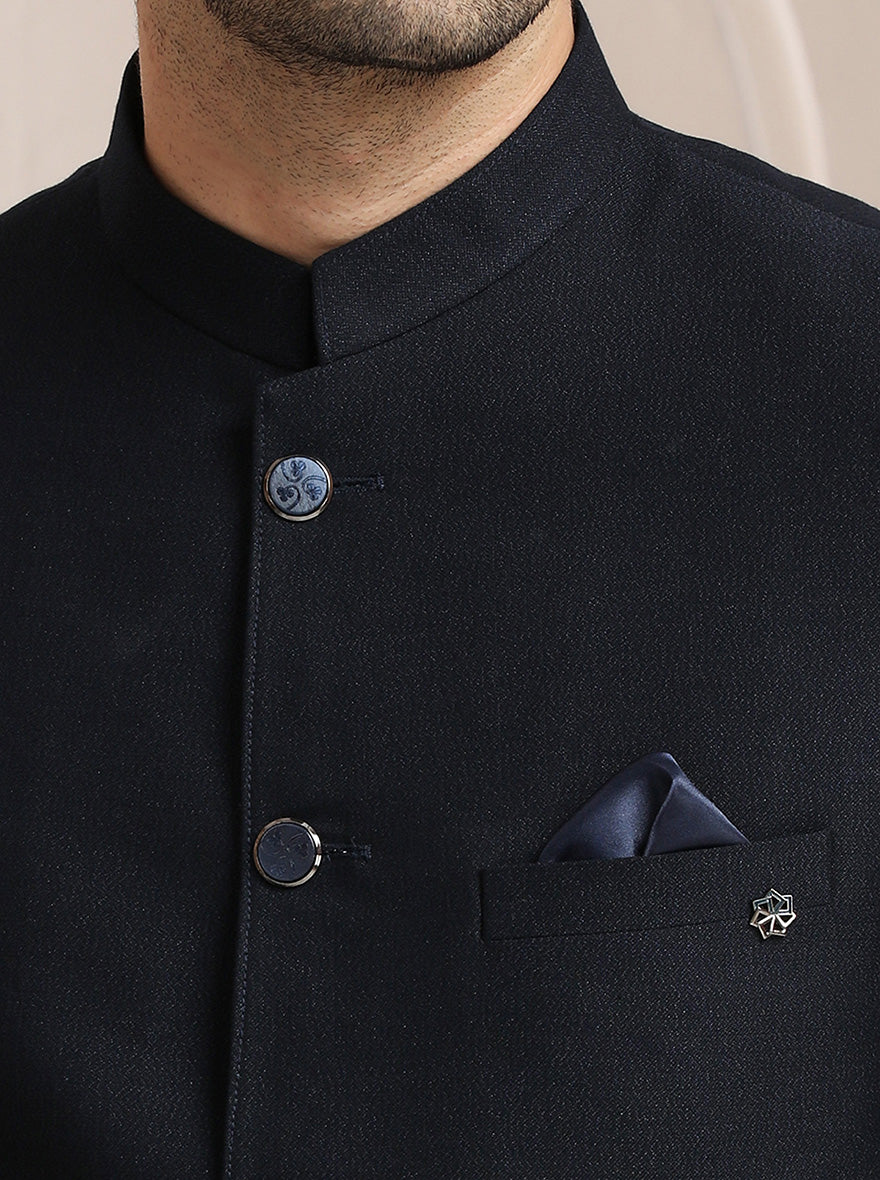 Blue Self Textured Jodhpuri Suit | JadeBlue