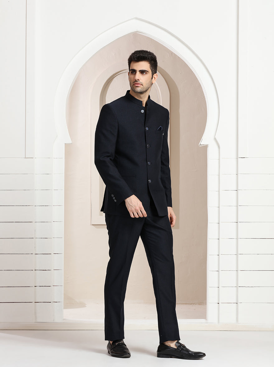 Blue Self Textured Jodhpuri Suit | JadeBlue