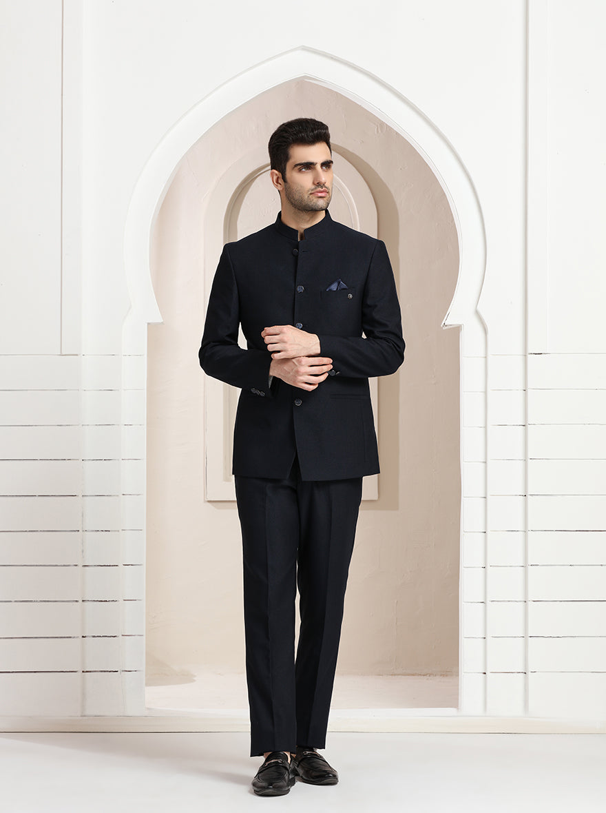 Blue Self Textured Jodhpuri Suit | JadeBlue