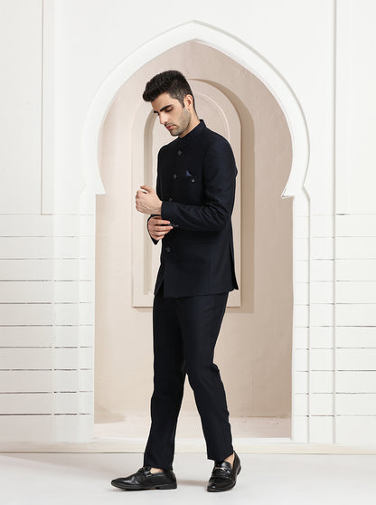 Blue Self Textured Jodhpuri Suit | JadeBlue
