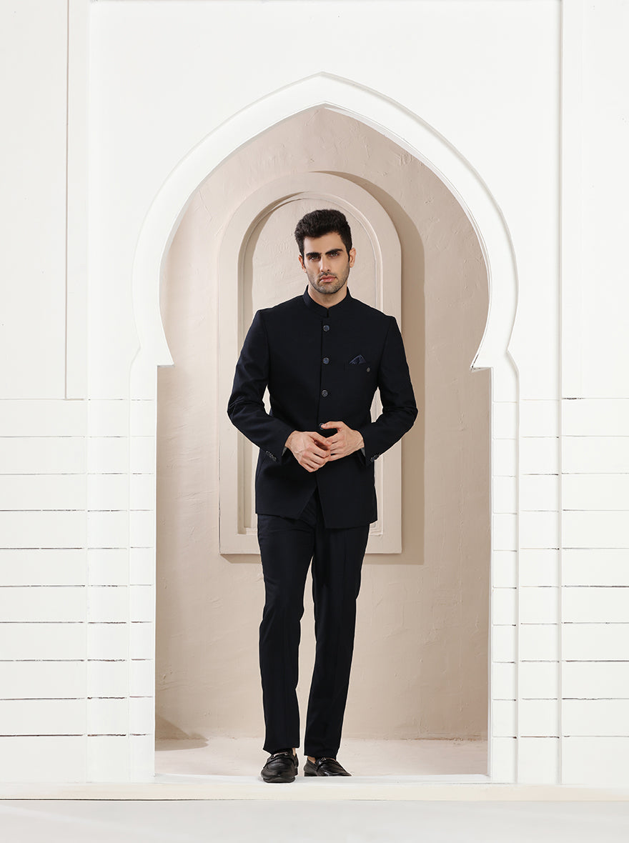 Blue Self Textured Jodhpuri Suit | JadeBlue