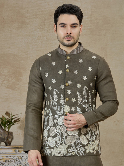 Olive Embroidered Kurta Pajama with Koti | TULA