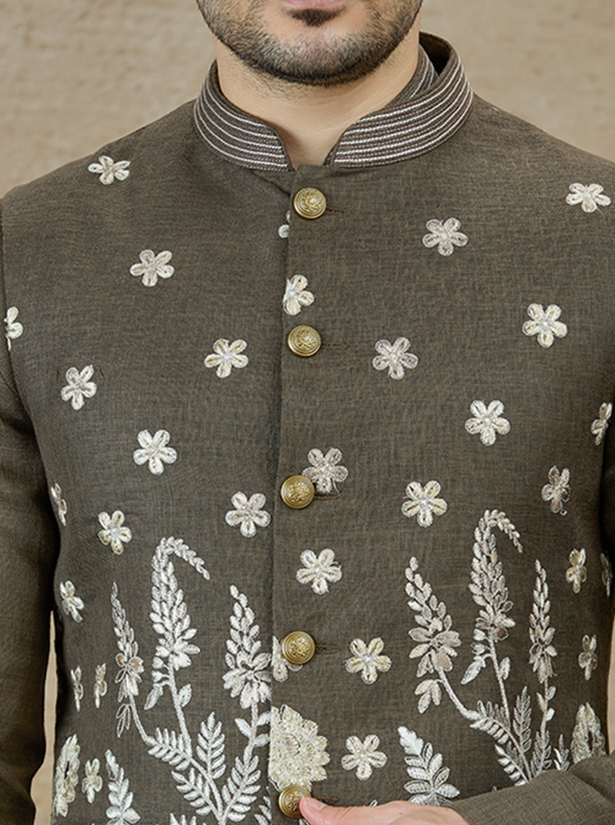 Olive Embroidered Kurta Pajama with Koti | TULA