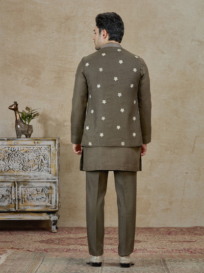 Olive Embroidered Kurta Pajama with Koti | TULA