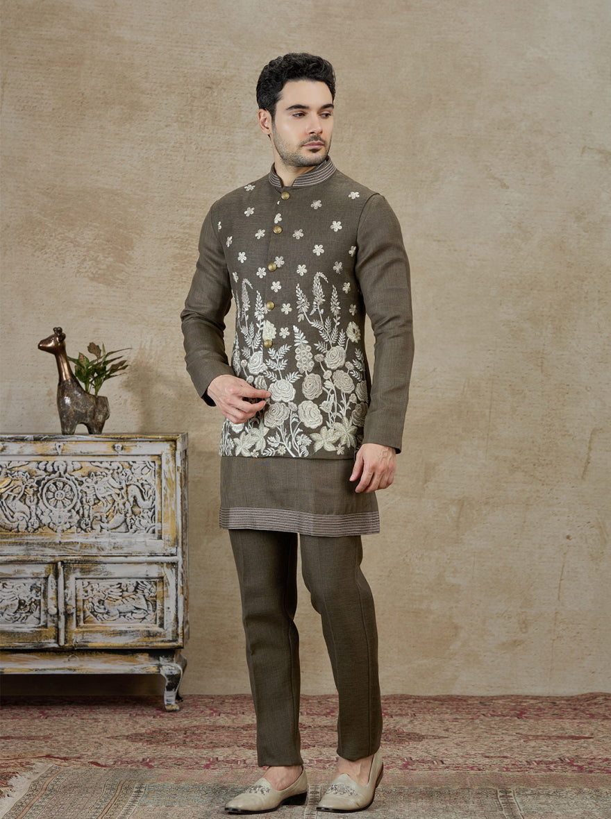 Olive Embroidered Kurta Pajama with Koti | TULA