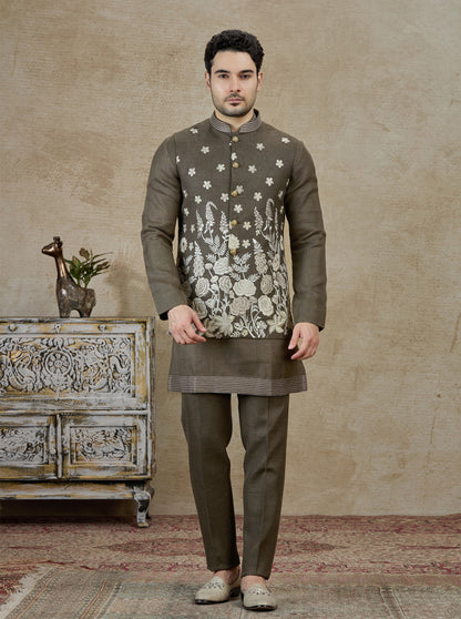 Olive Embroidered Kurta Pajama with Koti | TULA
