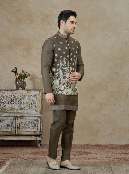 Olive Embroidered Kurta Pajama with Koti | TULA