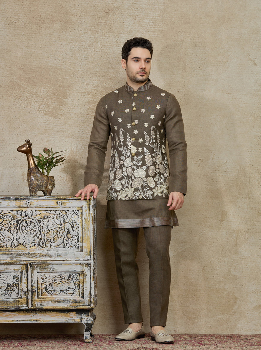 Olive Embroidered Kurta Pajama with Koti | TULA