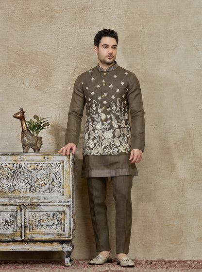 Olive Embroidered Kurta Pajama with Koti | TULA