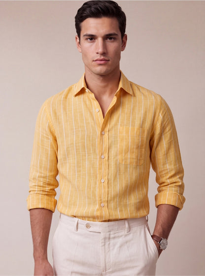 Golden Yellow Striped Slim Fit Formal Shirt | JadeBlue