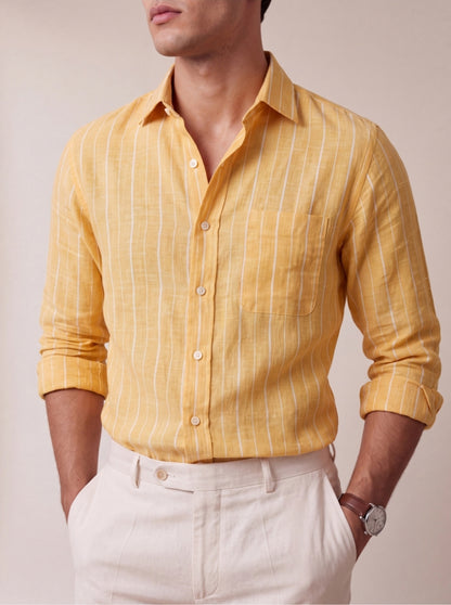 Golden Yellow Striped Slim Fit Formal Shirt | JadeBlue
