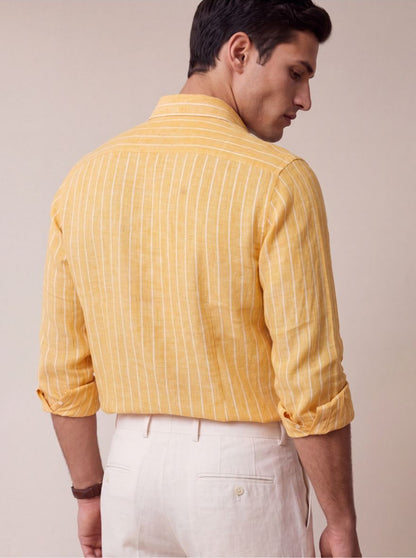 Golden Yellow Striped Slim Fit Formal Shirt | JadeBlue