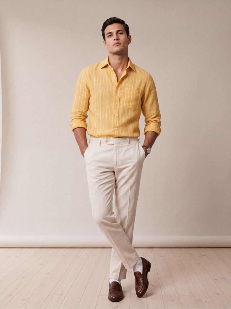 Golden Yellow Striped Slim Fit Formal Shirt | JadeBlue