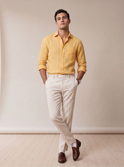 Golden Yellow Striped Slim Fit Formal Shirt | JadeBlue