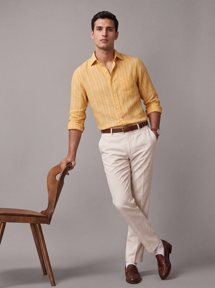 Golden Yellow Striped Slim Fit Formal Shirt | JadeBlue
