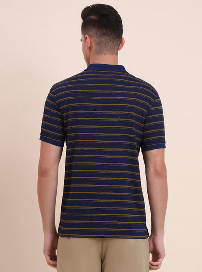Navy Blue & Mustard Striped Slim Fit Polo T-Shirt | Greenfibre