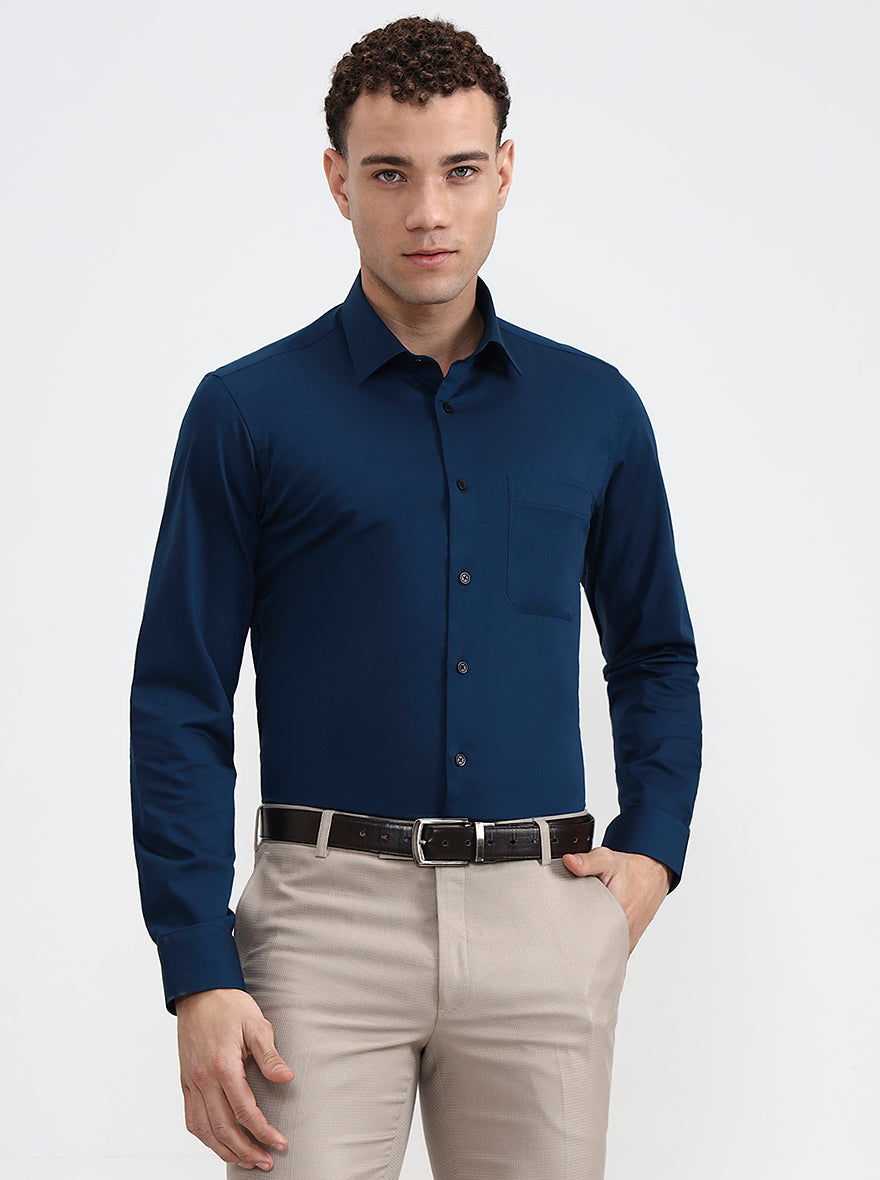 Petrol Blue Solid Slim Fit Formal Shirt | JadeBlue Youth