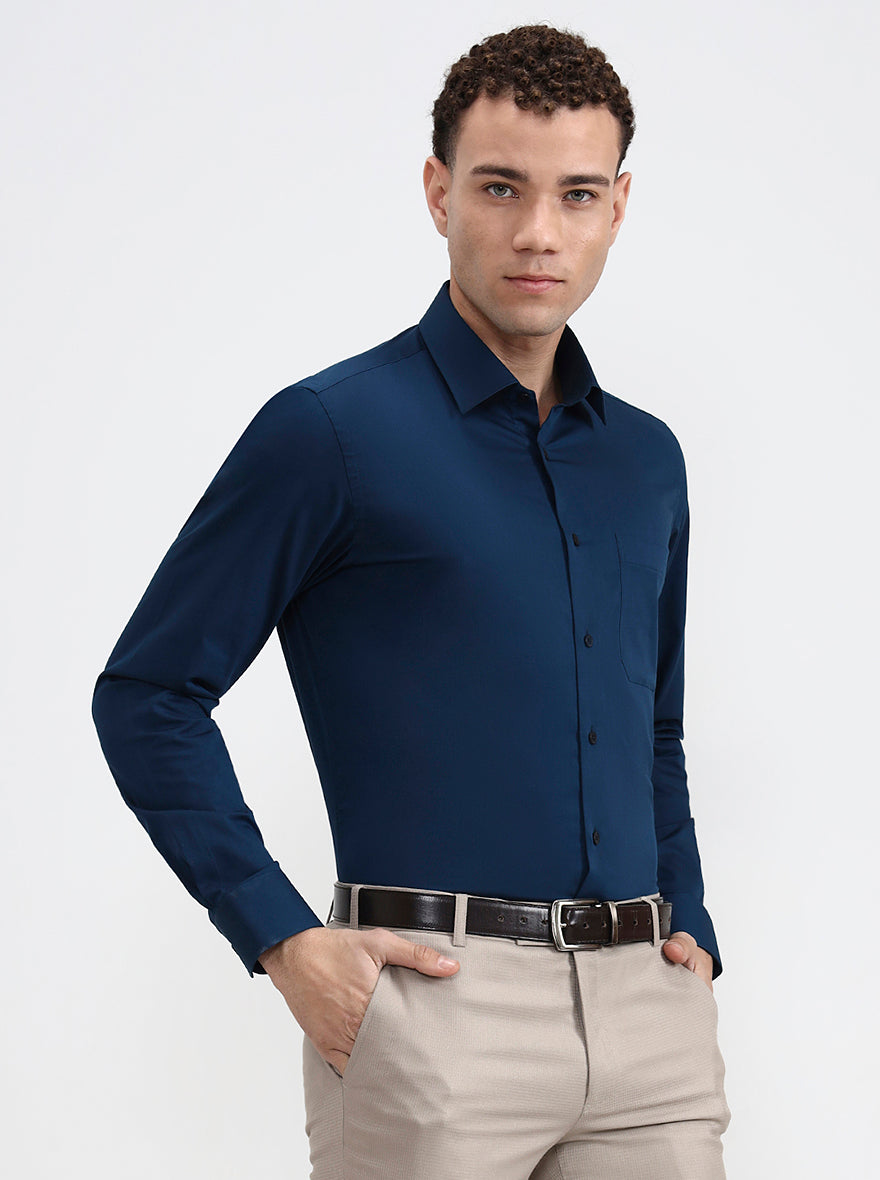 Petrol Blue Solid Slim Fit Formal Shirt | JadeBlue Youth