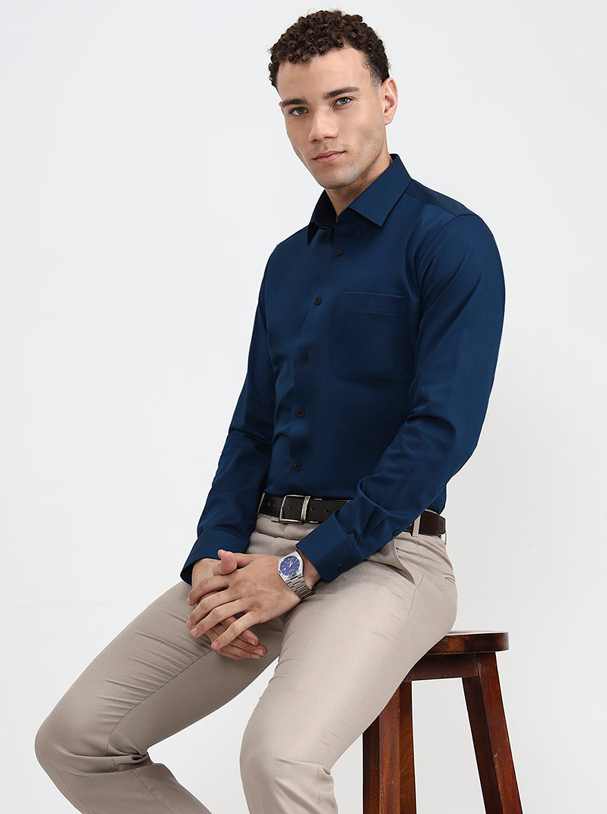 Petrol Blue Solid Slim Fit Formal Shirt | JadeBlue Youth