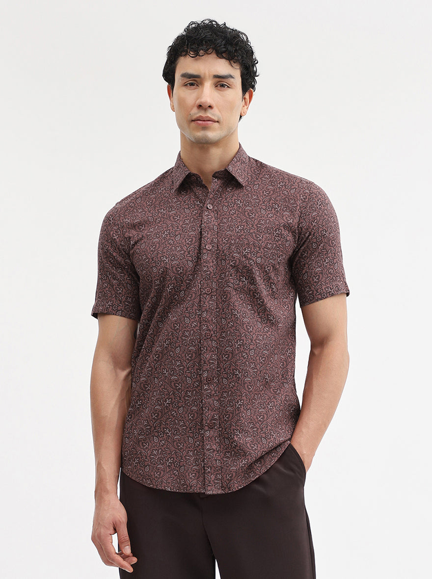 Maroon Printed Tailored Fit Semi Casual Shirt | JadeBlue