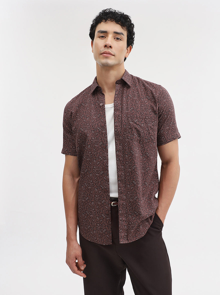 Maroon Printed Tailored Fit Semi Casual Shirt | JadeBlue