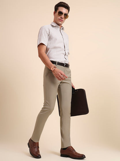 Beige Solid Super Slim Fit Formal Trouser | Greenfibre