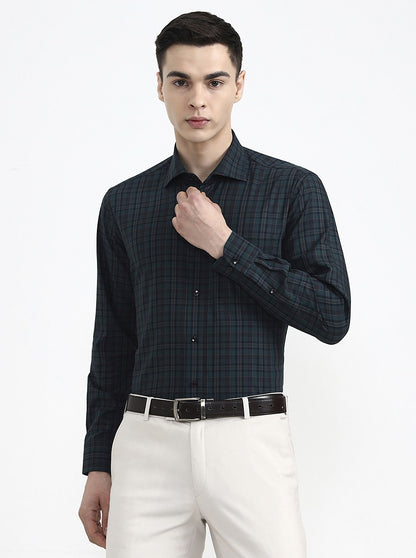 Green & Black Checked Slim Fit Formal Shirt | Metal