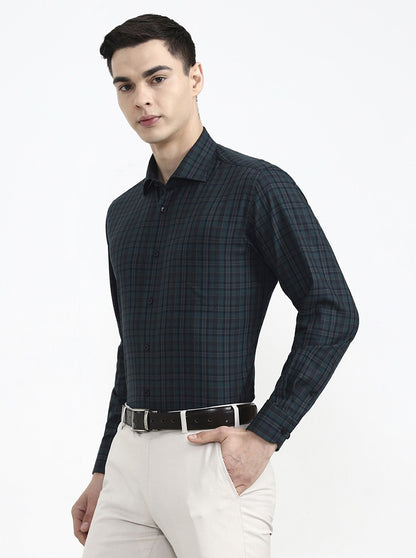 Green & Black Checked Slim Fit Formal Shirt | Metal