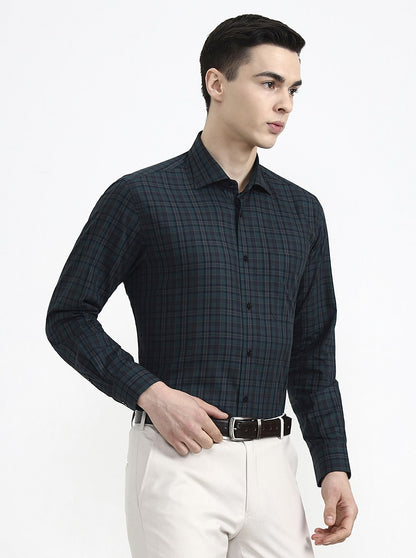 Green & Black Checked Slim Fit Formal Shirt | Metal