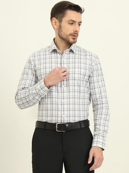 White & Grey Checked Slim Fit Formal Shirt | Metal