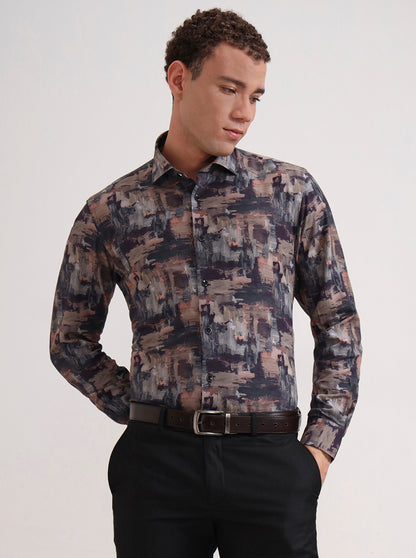 Brown & Grey Printed Slim Fit Party Wear Shirt | Wyre