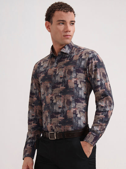 Brown & Grey Printed Slim Fit Party Wear Shirt | Wyre