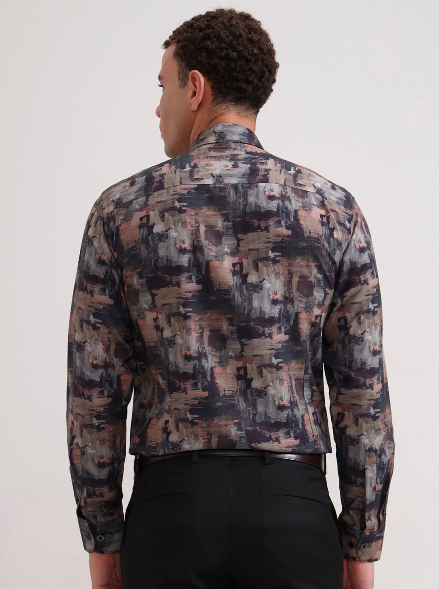 Brown & Grey Printed Slim Fit Party Wear Shirt | Wyre