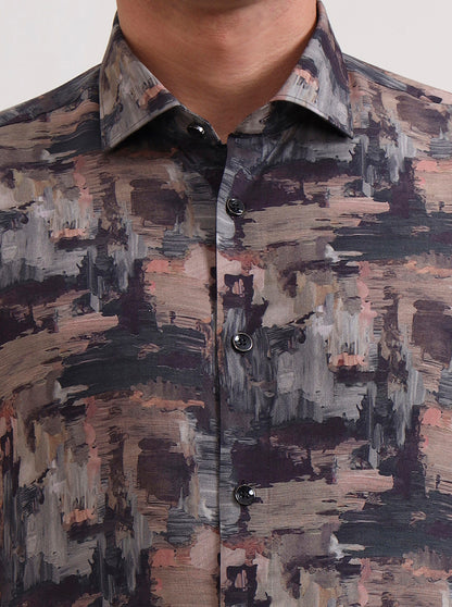 Brown & Grey Printed Slim Fit Party Wear Shirt | Wyre