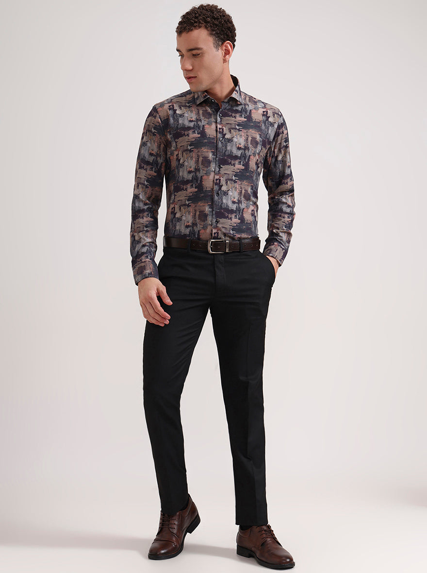 Brown & Grey Printed Slim Fit Party Wear Shirt | Wyre