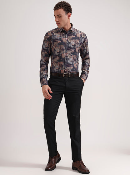 Brown & Grey Printed Slim Fit Party Wear Shirt | Wyre