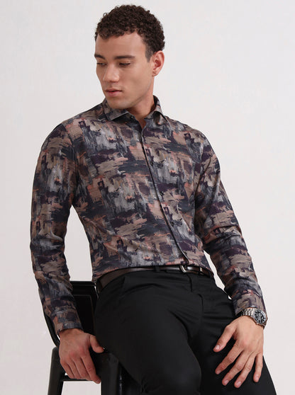 Brown & Grey Printed Slim Fit Party Wear Shirt | Wyre