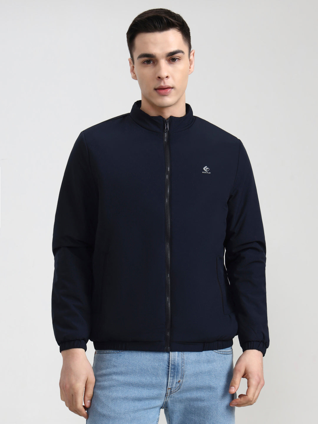 Navy Blue Solid Slim Fit Winter Jacket | Greenfibre