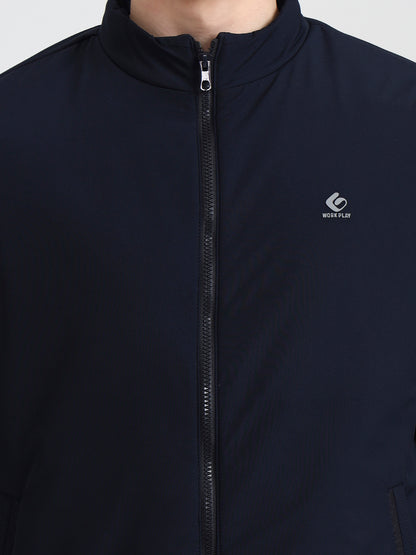 Navy Blue Solid Slim Fit Winter Jacket | Greenfibre